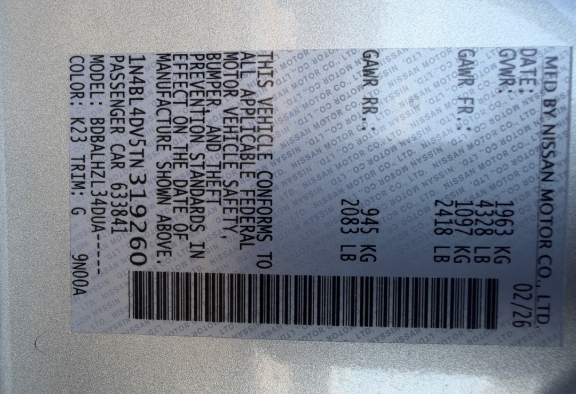 2026 Nissan Altima SV silver door jamb certification label VIN 1N4BL4DV5TN319260 for sale Dallas TX